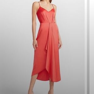 Coral Satin V-Neck Asymmetrical Midi Dress